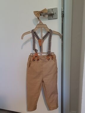 Baby Boy Dress Pants Suspender Bowtie Brown Tan 12-18 Months Toddler